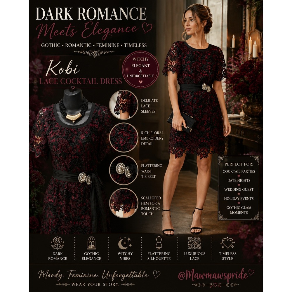 Kobi Floral Lace Cocktail Dress Black Burgundy Gothic Romance Mini Small